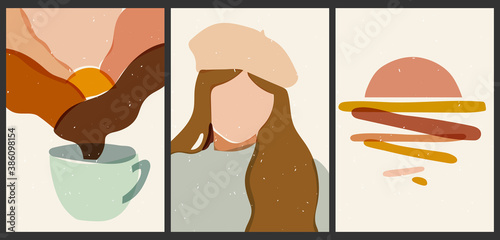 A set of three aesthetic vintage backgrounds. Abstract posters in pastel colors for social networks. Transparent silhouettes of female faces. Trendy illustration with geometric shapes, coffee mug, sun