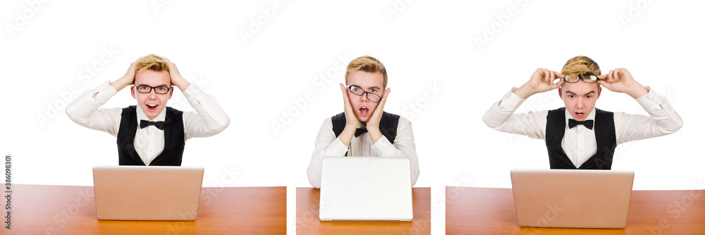 Smart student sitting with laptop isolated on white Smart student sitting with laptop isolated on white