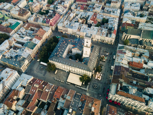 aerial view of city hall in lviv city