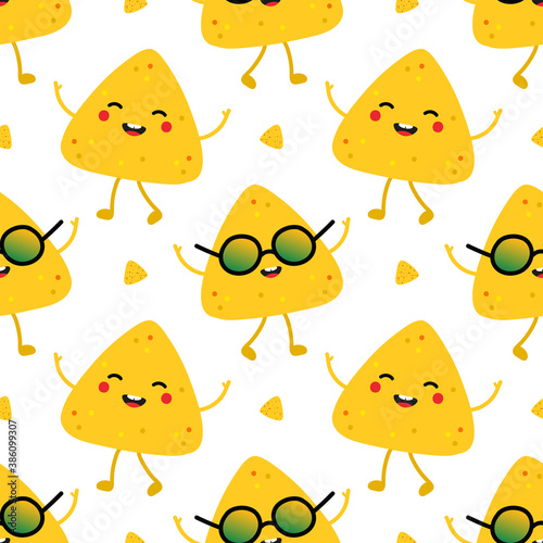 Cute happy smiling dancing nachos, tortilla chips characters vector seamless pattern background for nachos day celebration, mexican food design.
