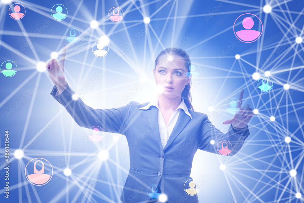 Woman pressing virtual button on social network concept Woman pressing virtual button on social network concept