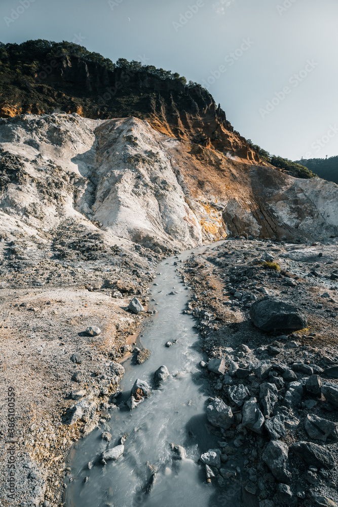 Noboribetsu, Hokkaido Japan - September 5th 2019: Dramatic landscape at Jigokudani (Hell Valley). Noboribetsu, Hokkaido Japan - September 5th 2019: Dramatic landscape at Jigokudani (Hell Valley).