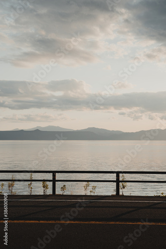 Lake Shikotsu  Hokkaido Japan - September 5th 2019  Stunning landscape at Lake Shikotsu at sunset.