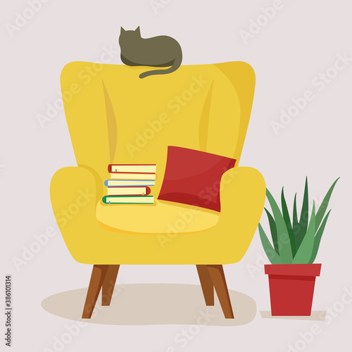 Armchair with books and a pillow. A cozy chair on which the cat sits. Furniture and houseplants. a place to relax and read books. Flat cartoon illustration