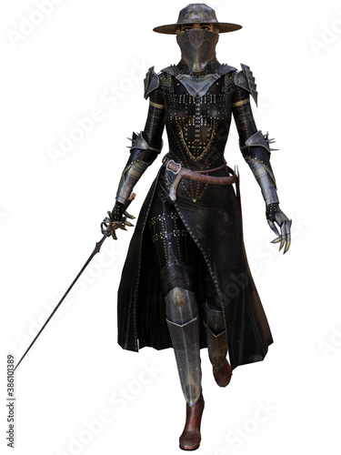 3D rendered fantasy character. Fantasy warrior woman with armor and sword. Dark Knight.