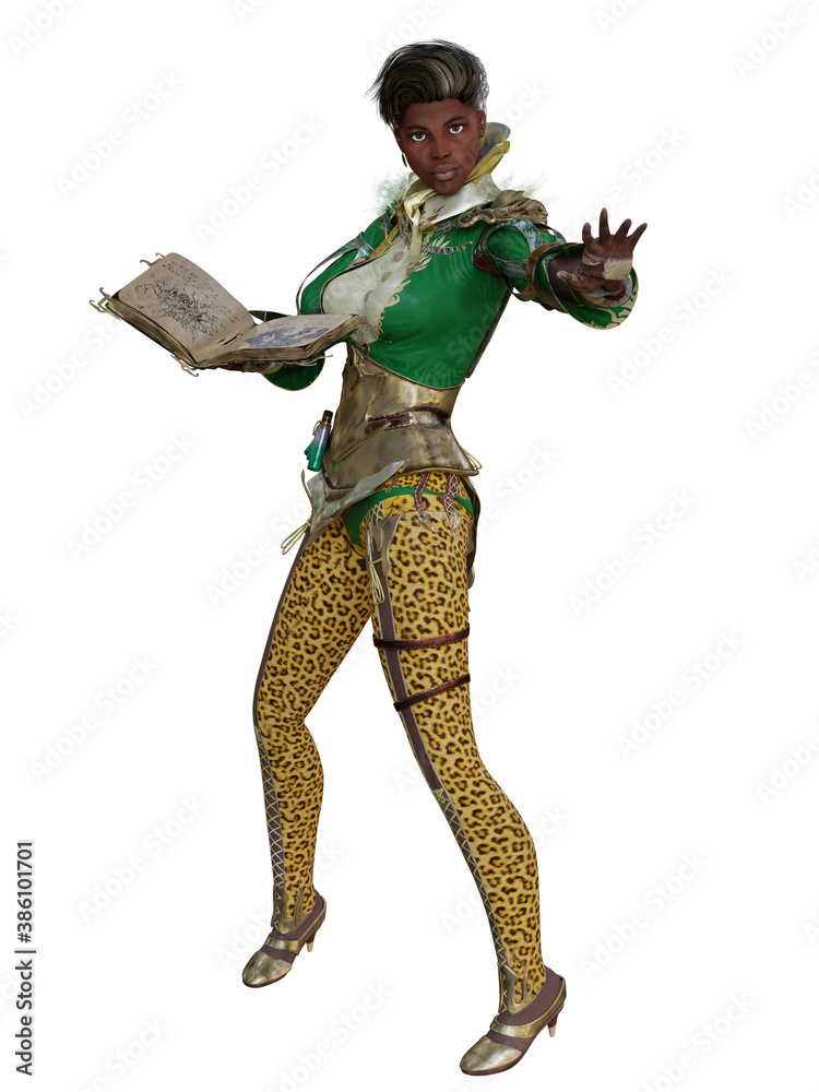A 3d rendered fantasy female character as a witch with a book and spell pose. 