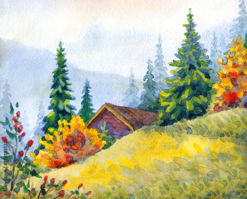 Fototapeta Watercolor landscape. Wooden cabin in the mountains