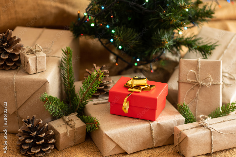 Christmas present, gifts. Christmas card. New Year's composition. Christmas tree, gifts, pine branches, toys. Christmas present, gifts. Christmas card. New Year's composition. Christmas tree, gifts, pine branches, toys.