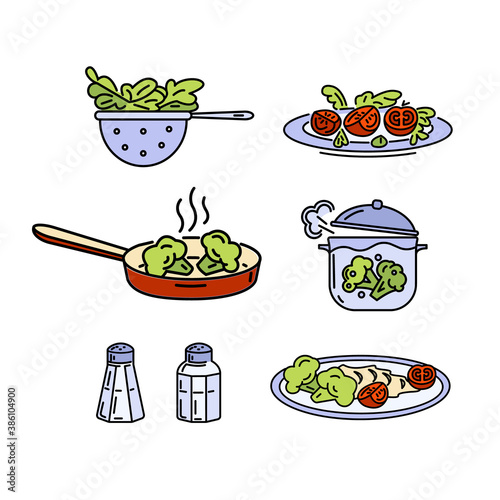 Vegetarian food with fresh plant food. Broccoli, tomatoes, mashed potatoes, salad. Vector outline icons.