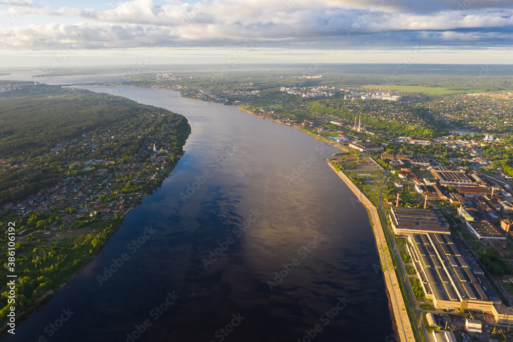 Top view of Perm, the mouth of the Kama River, Perm Territory. Aerial view, drone.