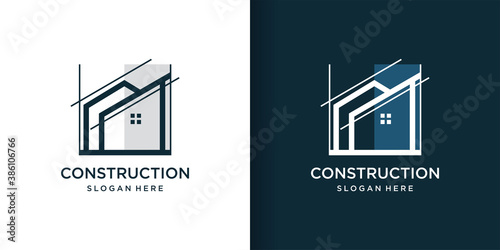 Construction logo with line art style, building, unique, Premium Vector