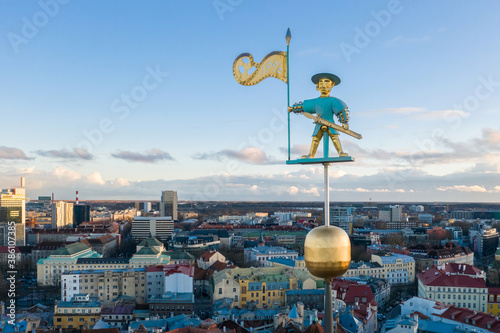 A weather vane figure of old warrior called Old Thomas, on top of the spire of Tallinn Town Hall. The symbol of the city was first installed in 1530.