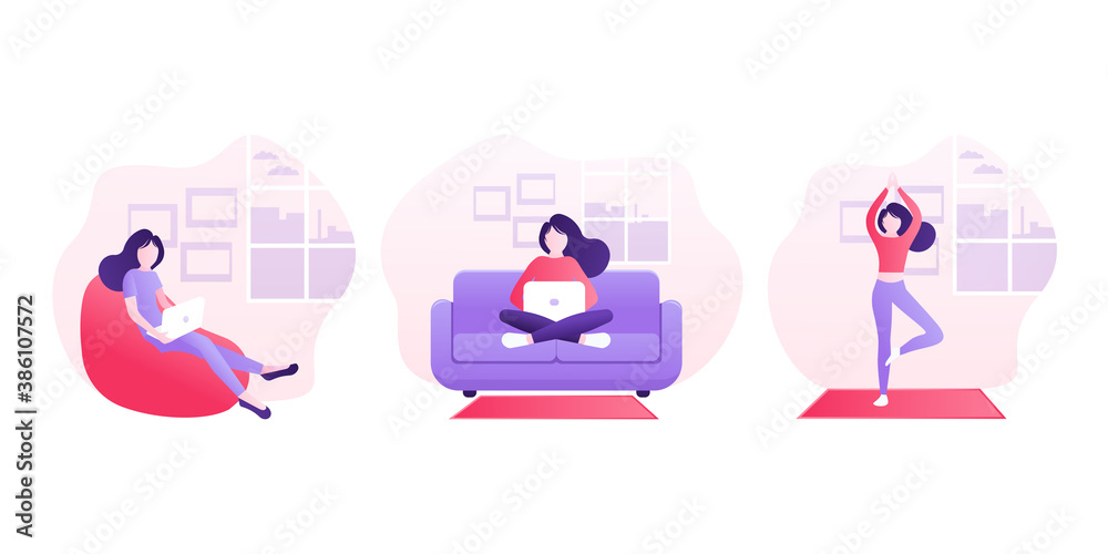 Obraz premium Stay home concept. Flat icon. Self isolation, quarantine due to coronavirus. Work from home.