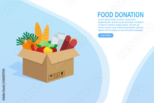 Cartoon food donation for flyer design. Food in carton box. Cartoon poster with food donation for banner design. Vector illustration.