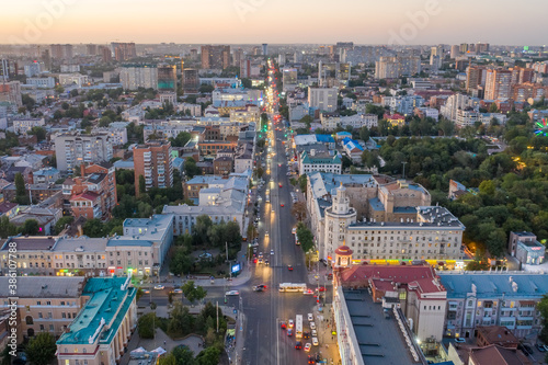 ROSTOV-ON-DON, RUSSIA - SEPTEMBER 2020: central intersection of Rostov-on-Don, Budenovskiy and Bolshaya Sadovaya streets. Historical tourist buildings, shopping center.