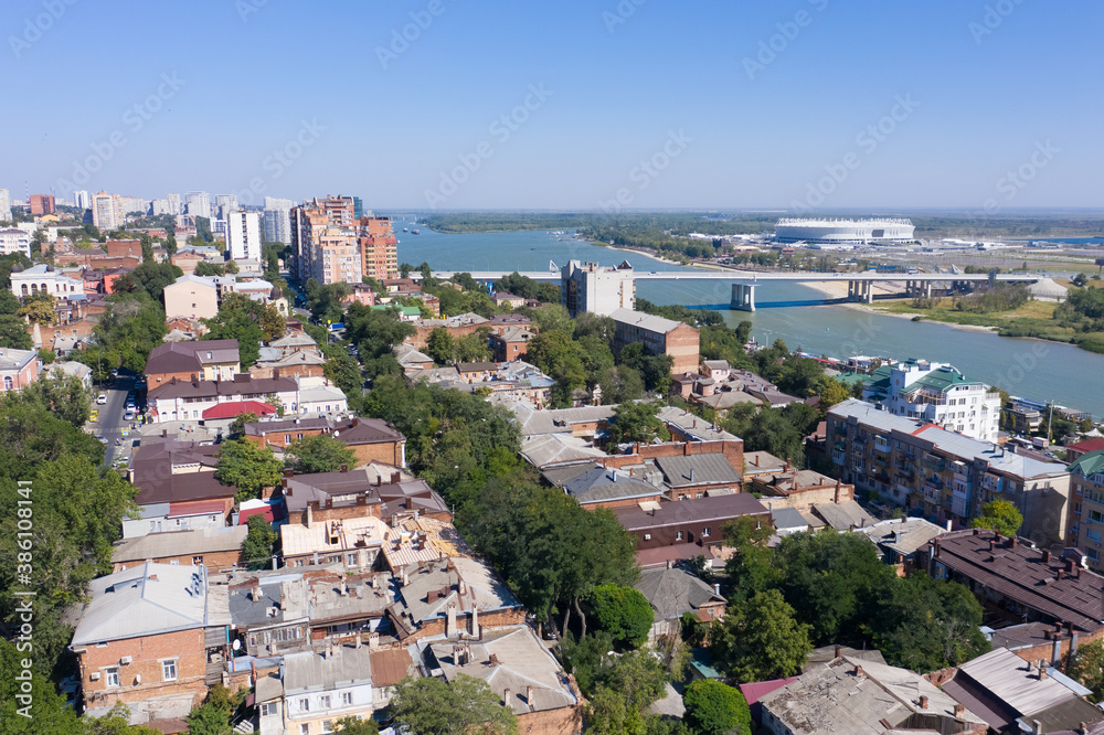 Aerial view Rostov on Don, Don River, historic residential areas in the city center