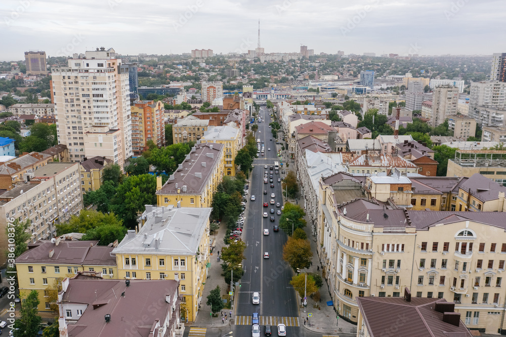 ROSTOV-ON-DON, RUSSIA - SEPTEMBER 2020: Bolshaya Sadovaya street, aerial view, southern Russia