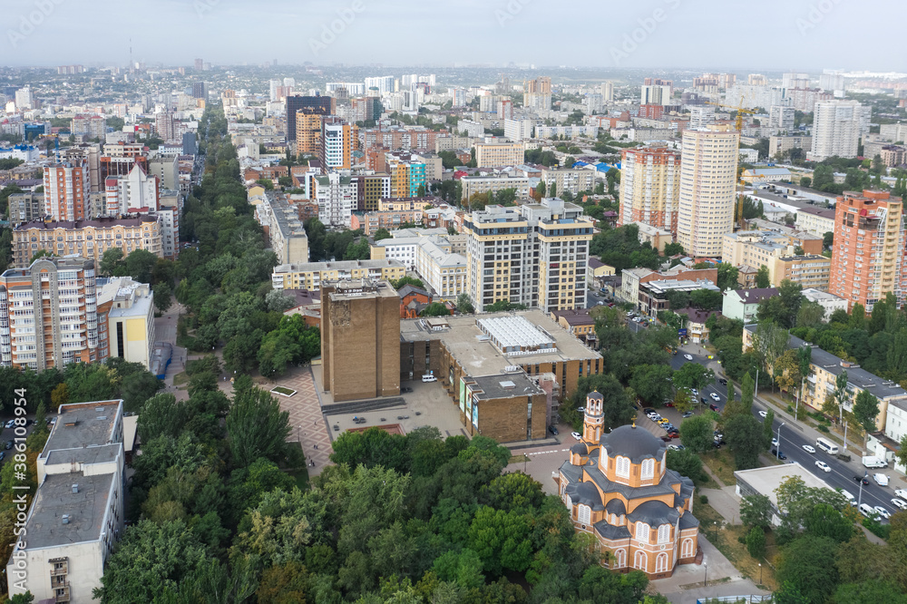 Panorama of the city of Rostov on Don, Pushkinskaya street, residential areas and the public library
