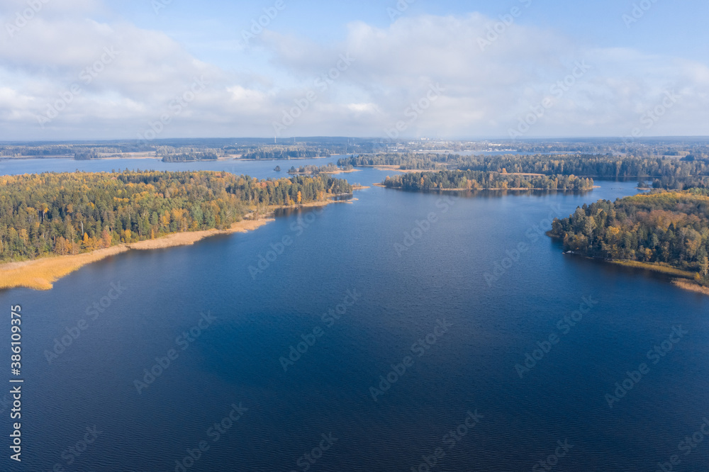 Autumn landscape on Lake Vuoksa, Russian nature. Shooting from a drone, a view of the Scandinavian landscapes.