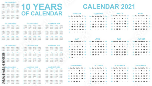 2021-2030 ten years of calendar simple blue