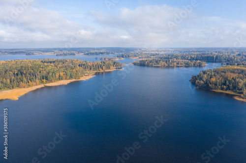 Autumn landscape on Lake Vuoksa, Russian nature. Shooting from a drone, a view of the Scandinavian landscapes.
