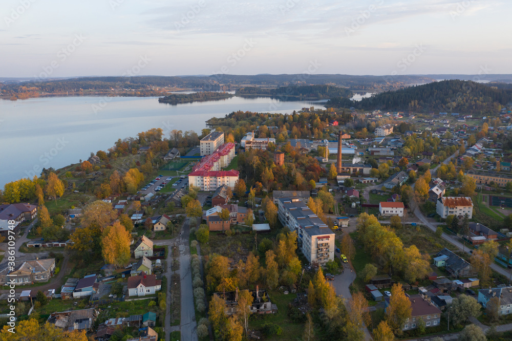 Center of Sortavala, a city on the border with Finland, a tourist destination in Karelia. Ladoga lake. Top view frome drone.