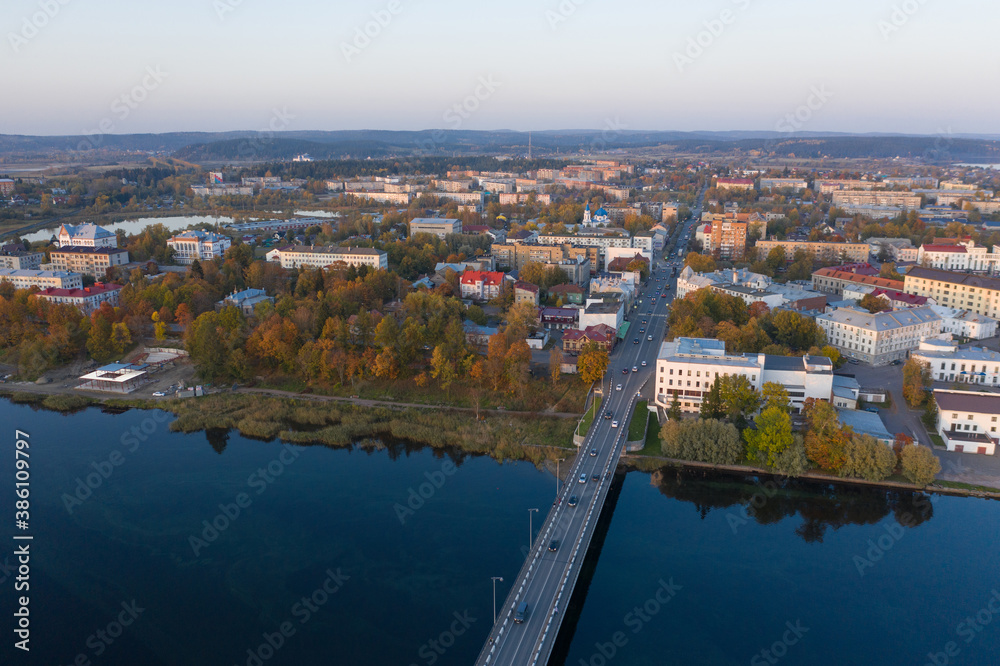 Center of Sortavala, a city on the border with Finland, a tourist destination in Karelia. Ladoga lake, Ladoga skerries. Top view frome drone.