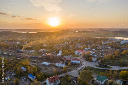 Center of Sortavala, a city on the border with Finland, a tourist destination in Karelia. Ladoga lake. Top view frome drone.