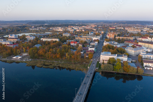 Center of Sortavala, a city on the border with Finland, a tourist destination in Karelia. Ladoga lake, Ladoga skerries. Top view frome drone. © Stanislav Samoylik