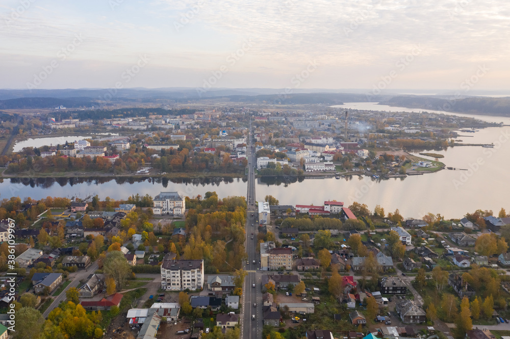Center of Sortavala, a city on the border with Finland, a tourist destination in Karelia. Ladoga lake, Ladoga skerries. Top view frome drone.