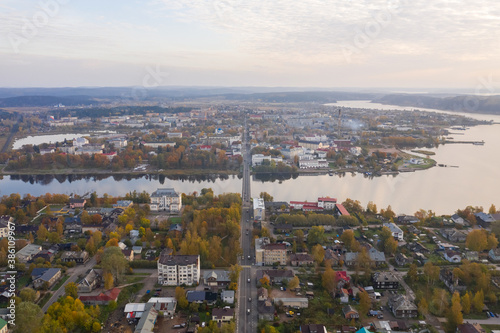 Center of Sortavala, a city on the border with Finland, a tourist destination in Karelia. Ladoga lake, Ladoga skerries. Top view frome drone.