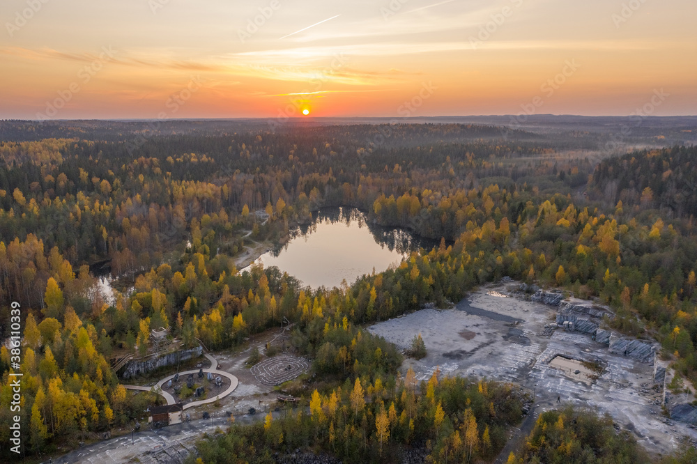 Autumn view from a drone to a quarry in the Ruskeala mountain park. A tourist place in Karelia. Marble quarry.