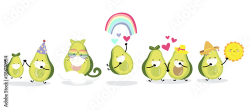 Cute avocado object collection with rainbow,heart.Vector illustration for prevention the spread of bacteria,coronviruses
