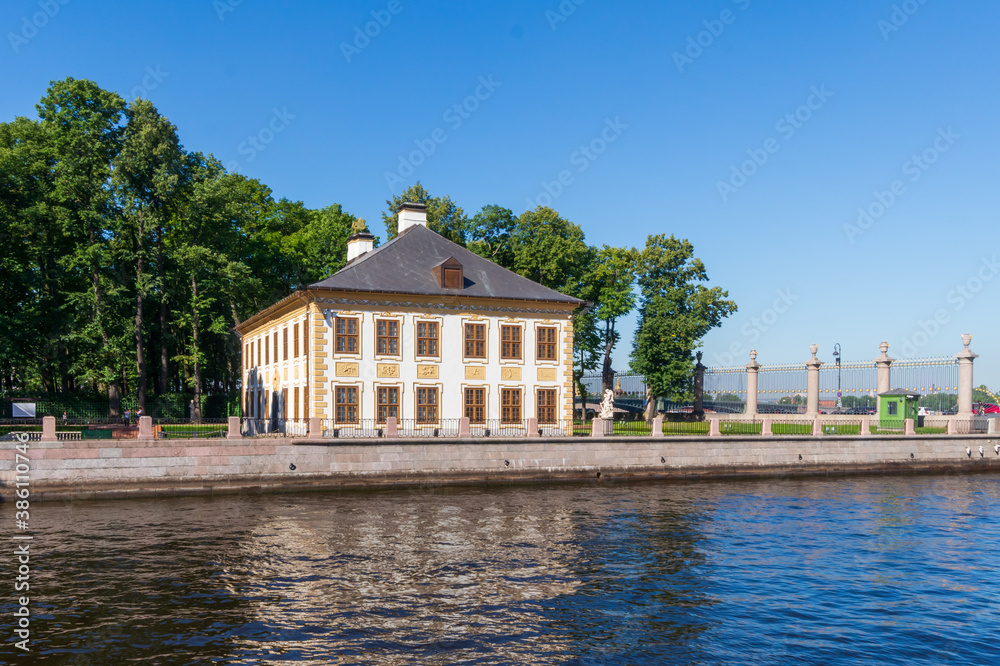 A view of the summer Palace of Peter the Great from yhe Fontanka river in St. Petersburg, Russia.  Travel and architecture.