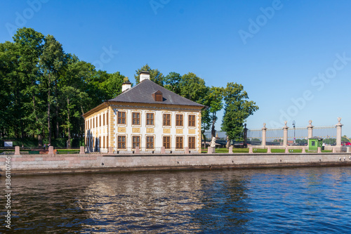 A view of the summer Palace of Peter the Great from yhe Fontanka river in St. Petersburg, Russia. Travel and architecture.