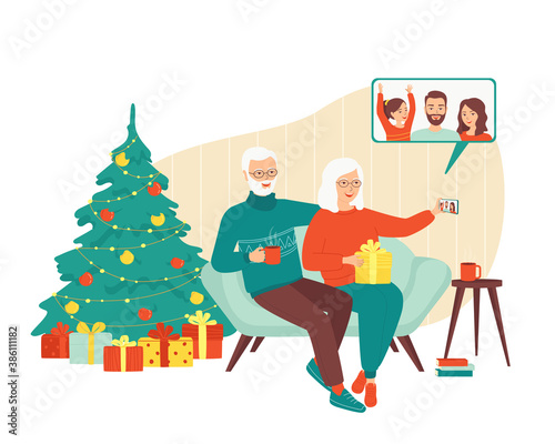 Elderly gray-haired woman and a man are talking with their family via video call on a smartphone. Remote communication with retirees, grandparents. New Years Christmas holidays. Vector illustration