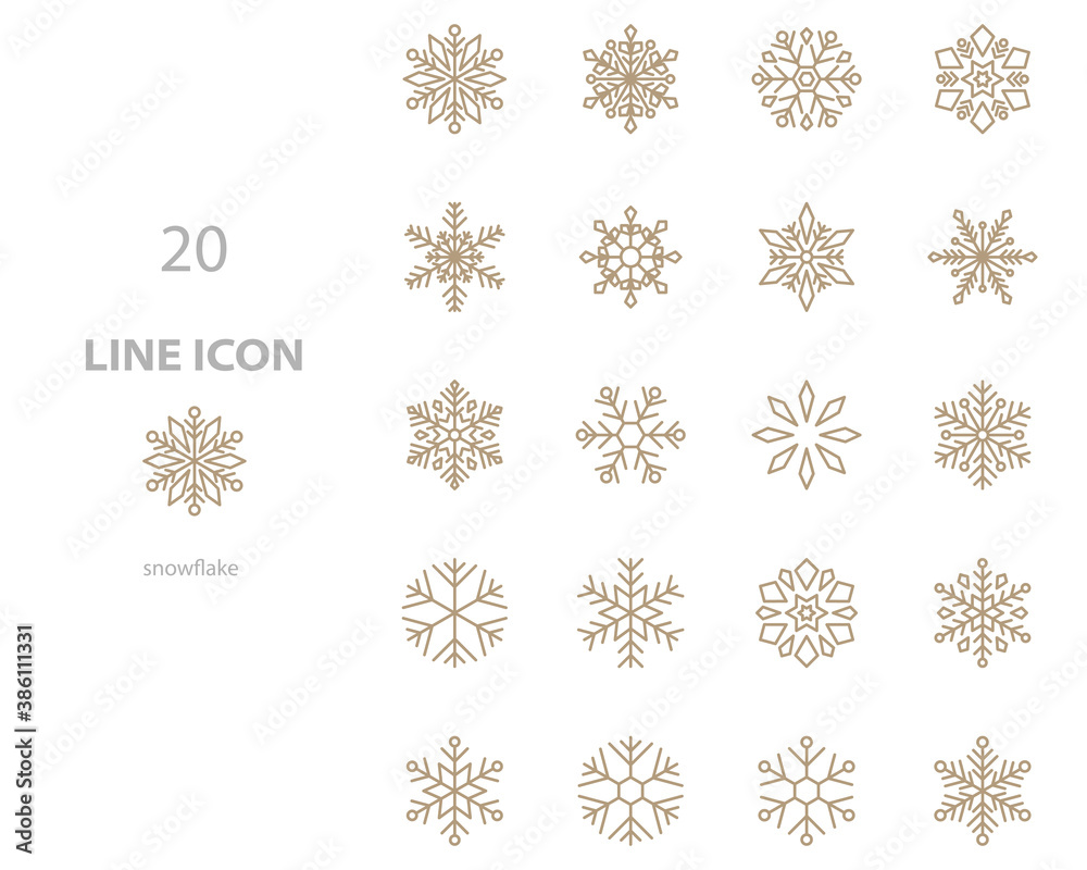 set of snowflake thin line icons, gold snow, winter, christmas set of snowflake thin line icons, gold snow, winter, christmas