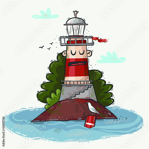 vector illustration of a sleeping lighthouse on an island in the ocean. Seagull on a buoy. Children's characteristic illustration, a live lighthouse. Sticker for tourism, book illustrations, marine na photo