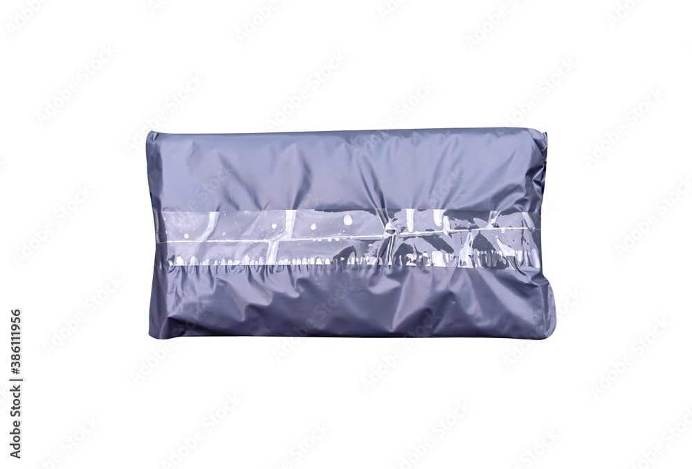Top view black polythene envelope packaging closed with tape, isolated on white background clipping path