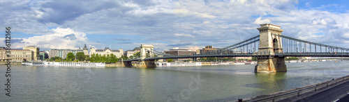 Panoramic of the Chain bridge that spans the River Danube in Budapest city  Hungary. Famous touristic landmark and attraction in the river.