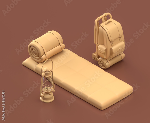 Fotografía A sleeping-bag on the ground with backpack and lantern, a night in the camp, 3d