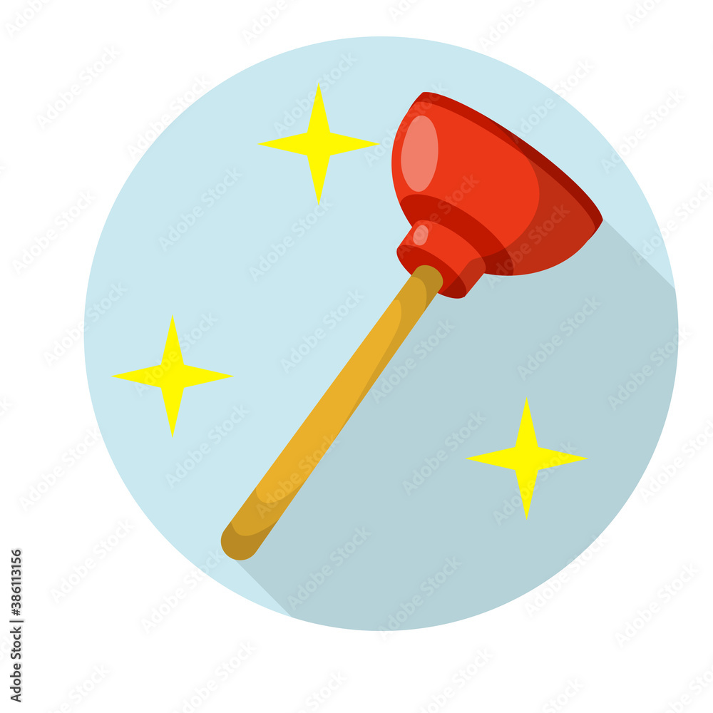 Plunger in blue circle. Drain cleaner. Plumber's tool. Yellow stars shining. red object. Cartoon flat illustration Plunger in blue circle. Drain cleaner. Plumber's tool. Yellow stars shining. red object. Cartoon flat illustration