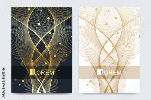 Modern vector template for brochure, Leaflet, flyer, advert, cover, catalog, magazine or annual report in the A4 size. Golden waves. Scientific golden cybernetic dots. Lines flow plexus. Card surface. photo