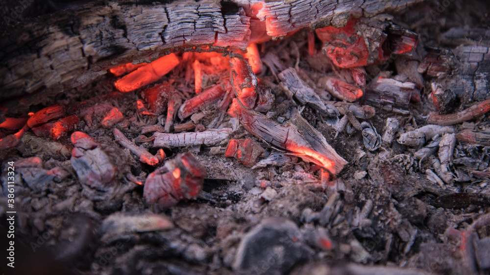 Embers in the fire. Dry, thin branches were added to the fire. Embers in the fire. Dry, thin branches were added to the fire.