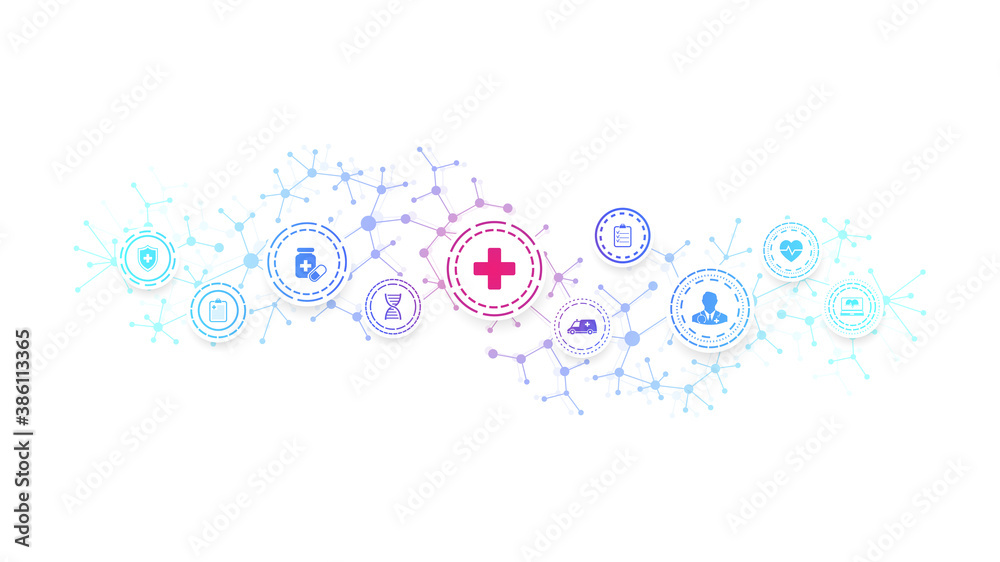 Abstract health care banner template with flat icons. Healthcare medicine concept. Medical innovation background, pharmaceutical banner. Wave flow. Vector illustration.