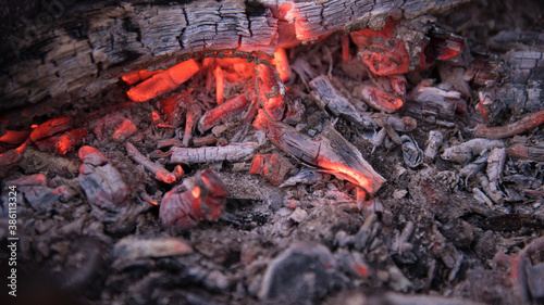 Embers in the fire. Dry, thin branches were added to the fire.