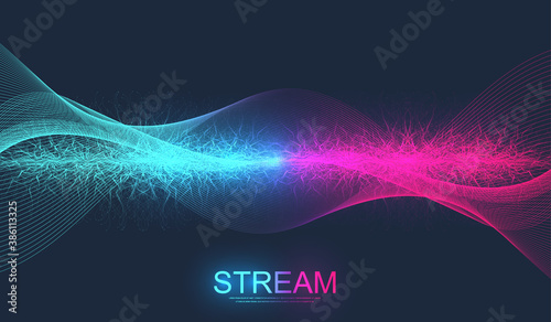 Digital streaming background, wave flow. Plexus stream background. Abstract dynamic motion lines and dots background with colorful particles. Big Data technology. Vector illustration.