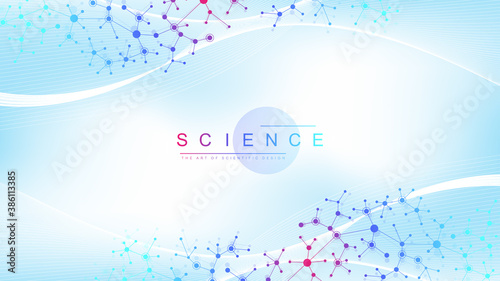 Big Genomic Data Visualization. DNA helix, DNA strand, DNA Test. CRISPR CAS9 - Genetic engineering. Molecule or atom, neurons. Abstract structure for Science or medical background, banner. Wave flow.