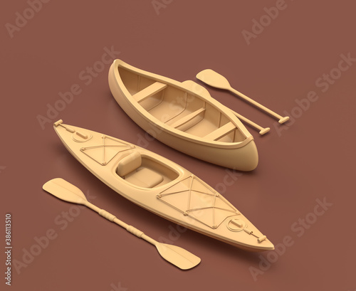 Kayak and Canoe, Isometric camping objects and scenes, monochrome yellow camping equipment on brown background, 3D Rendering © markOfshell