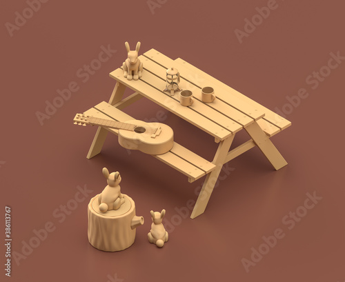 Isometric picnic table with guitar. camping object and scene  monochrome yellow camping equipment on brown background  3D Rendering
